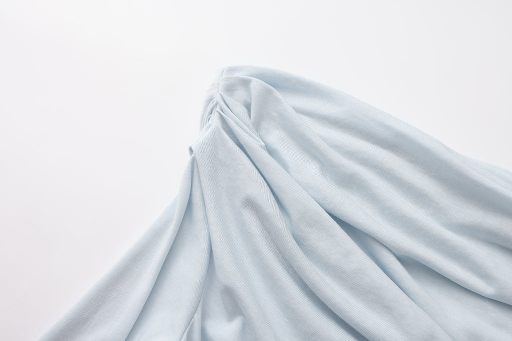 Blue Sloping Shoulder Pleated Bow Tie Ribbon Top