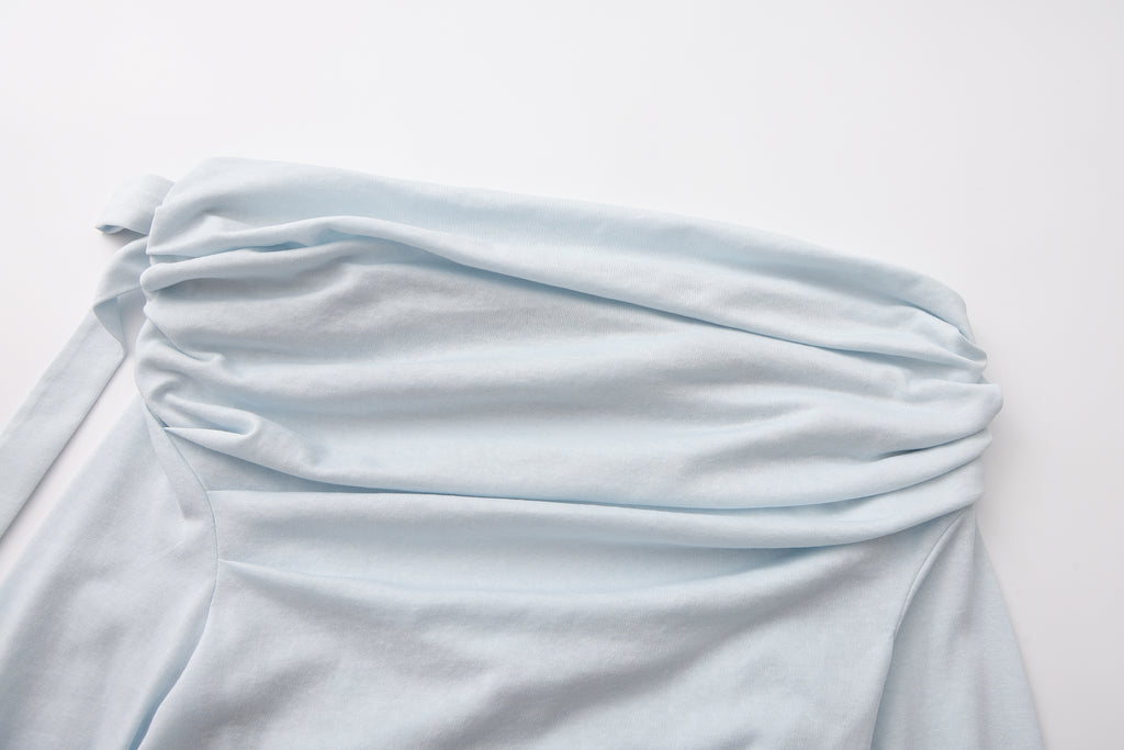 Blue Sloping Shoulder Pleated Bow Tie Ribbon Top