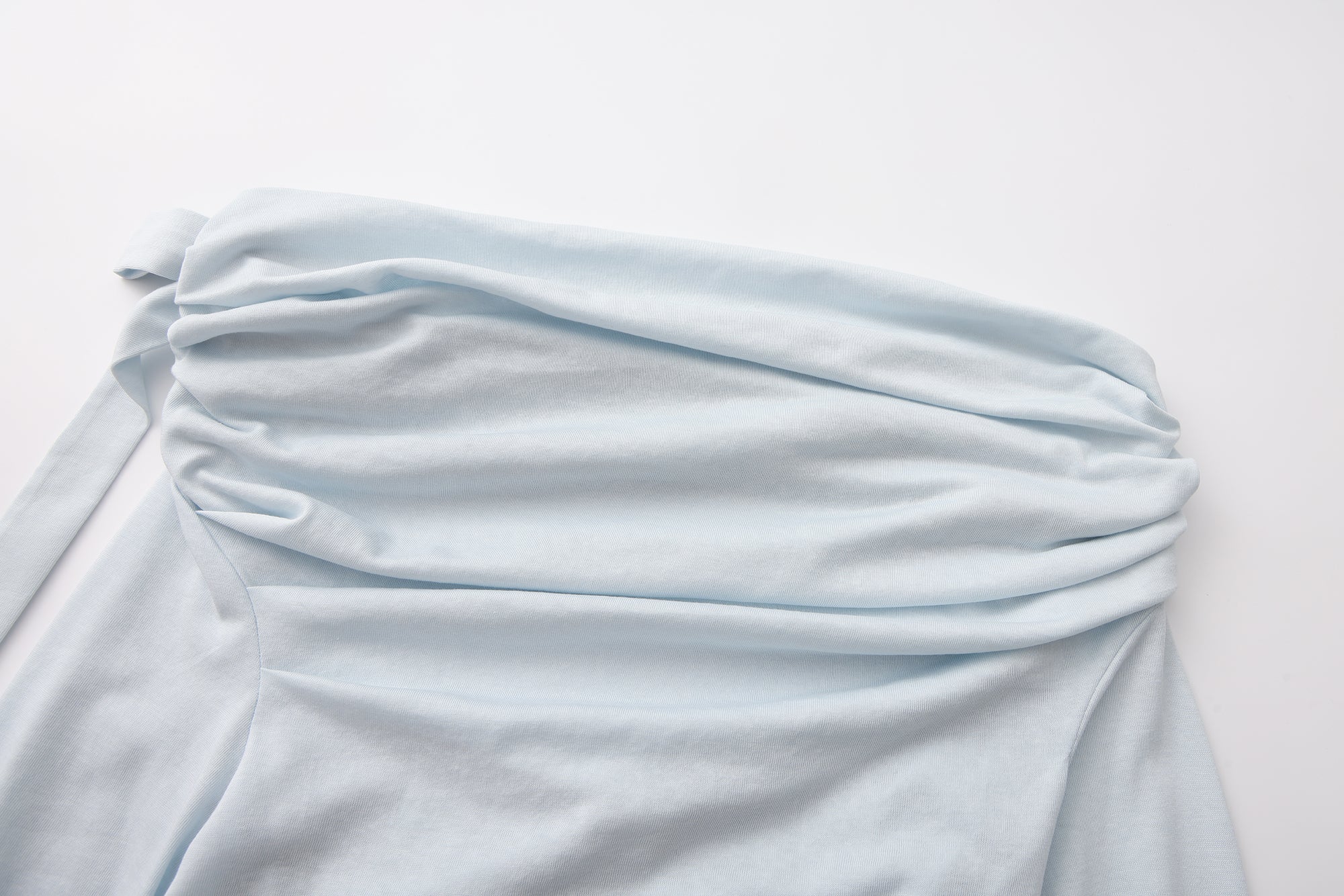 Blue Sloping Shoulder Pleated Bow Tie Ribbon Top