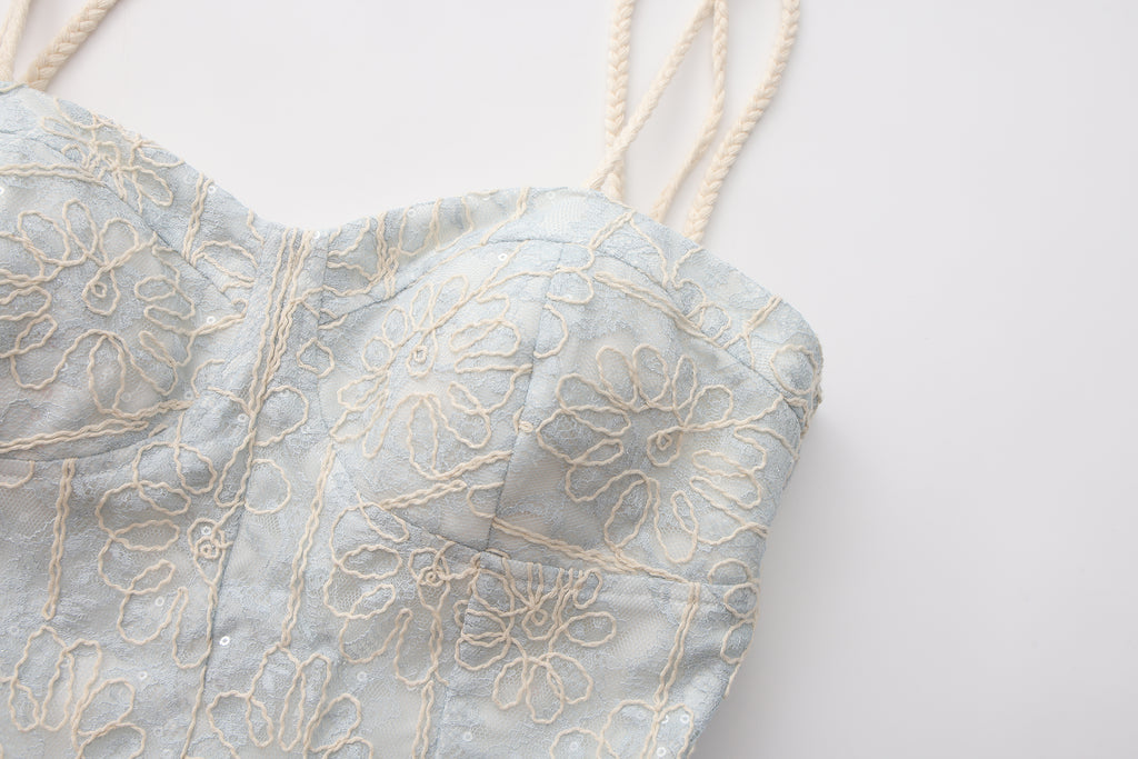 Blue Rattan Shoulder Strap A-line Dress