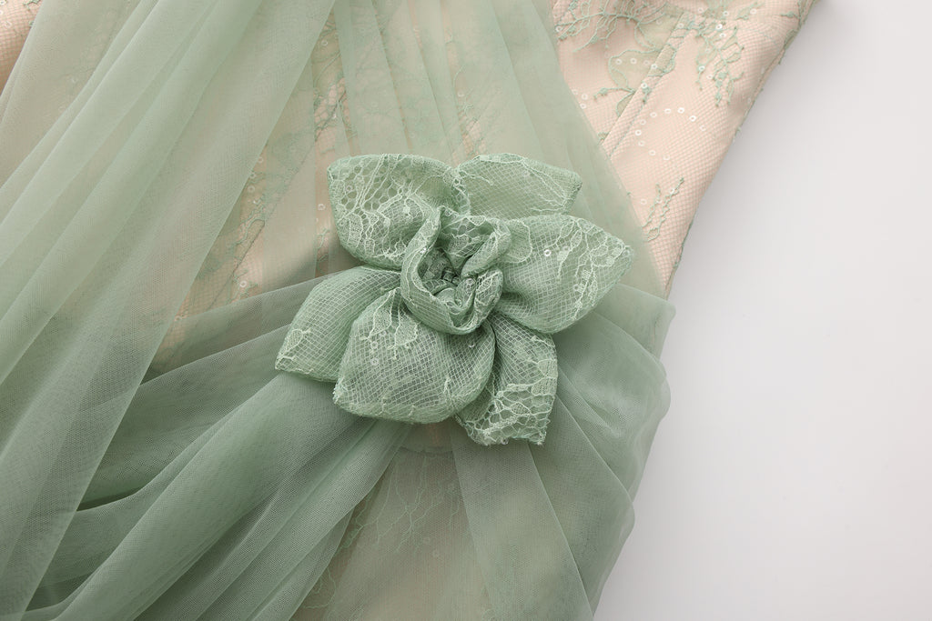 Water Green Fishbone Lace Dress