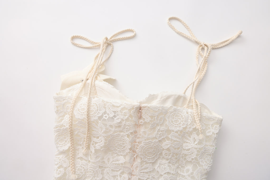 White Rattan Woven Shoulder Strap A-line Dress