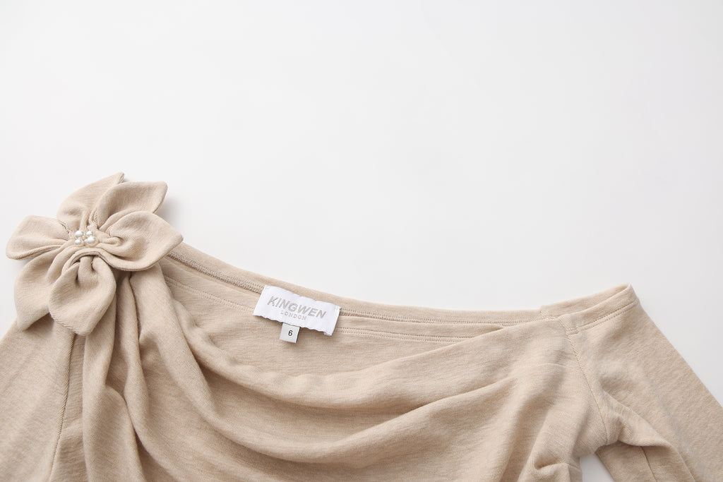 Light Camel One-Shoulder Iris Floral Knit Top