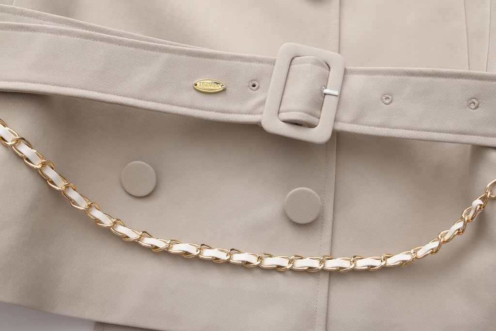 Light Grey Stand Collar Double-Breasted Chain Trench Coat