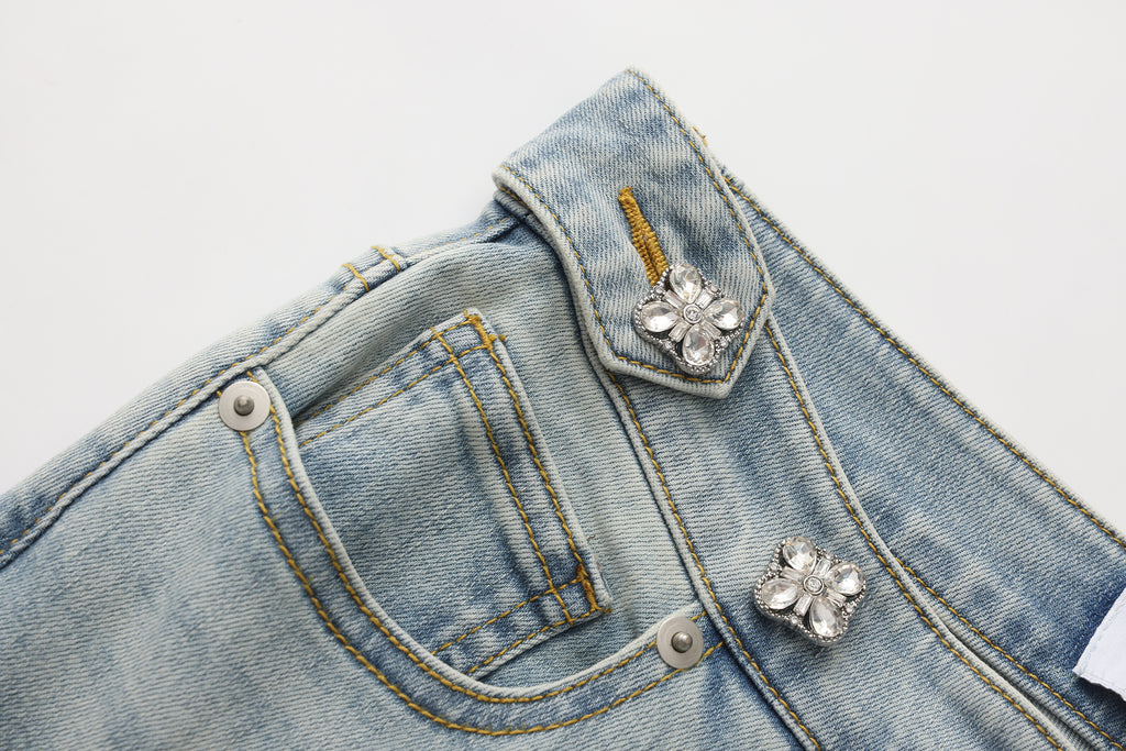 Light Blue Slim Fit Flare Jeans with Metal Buckle