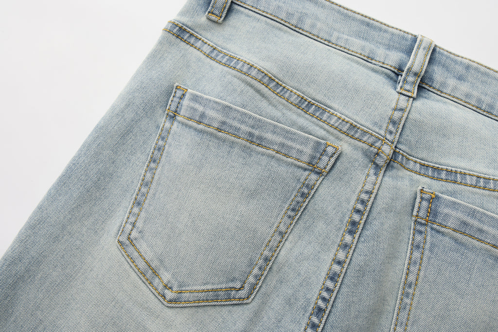 Light Blue Slim Fit Flare Jeans with Metal Buckle