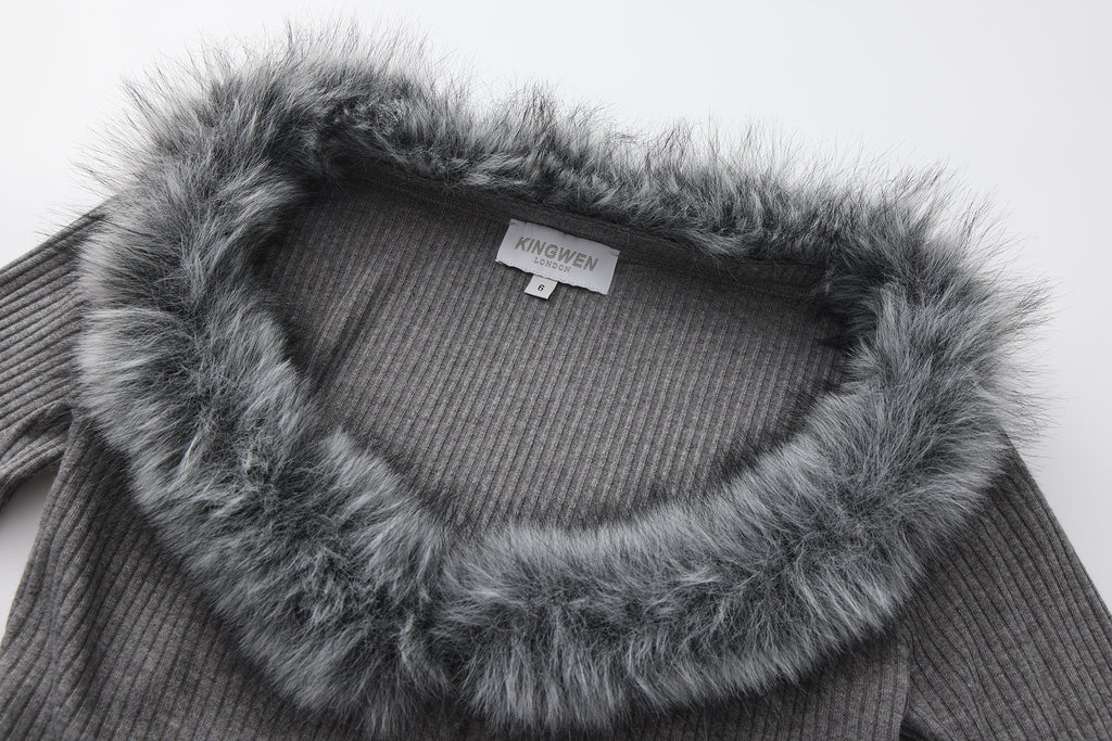 Grey Spliced Furry Collar Gold Button Cardigan