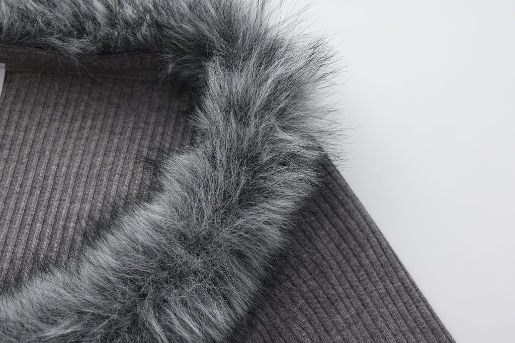 Grey Spliced Furry Collar Gold Button Cardigan