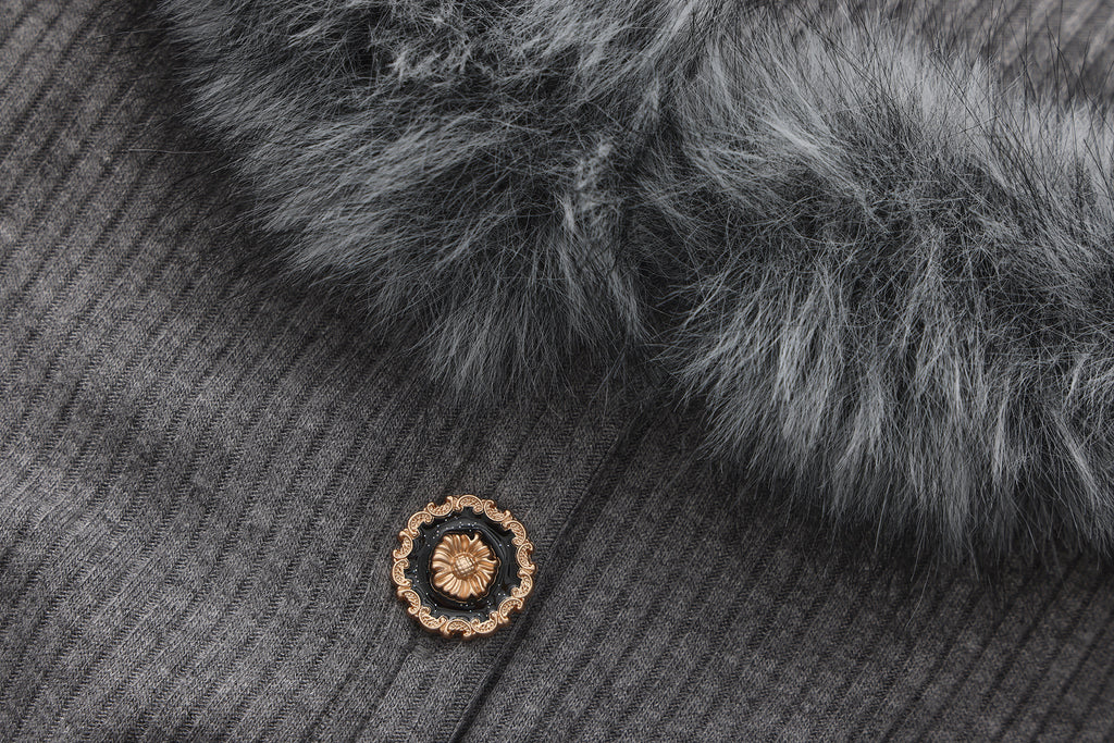 Grey Spliced Furry Collar Gold Button Cardigan