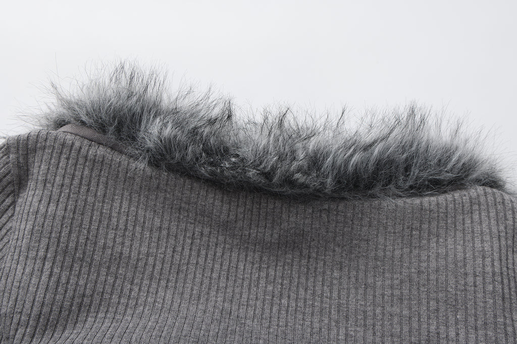 Grey Spliced Furry Collar Gold Button Cardigan