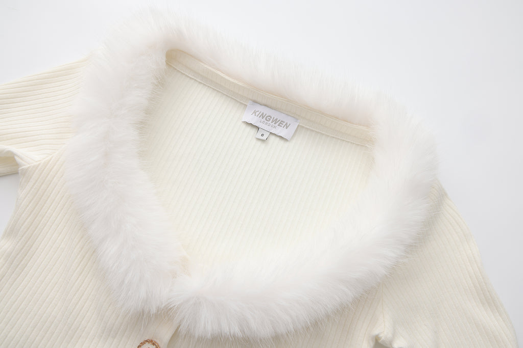 White Spliced Furry Collar Gold Button Cardigan