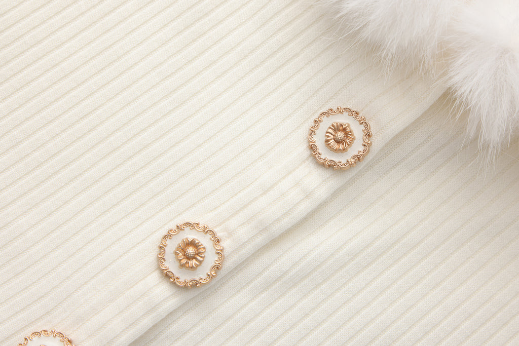 White Spliced Furry Collar Gold Button Cardigan