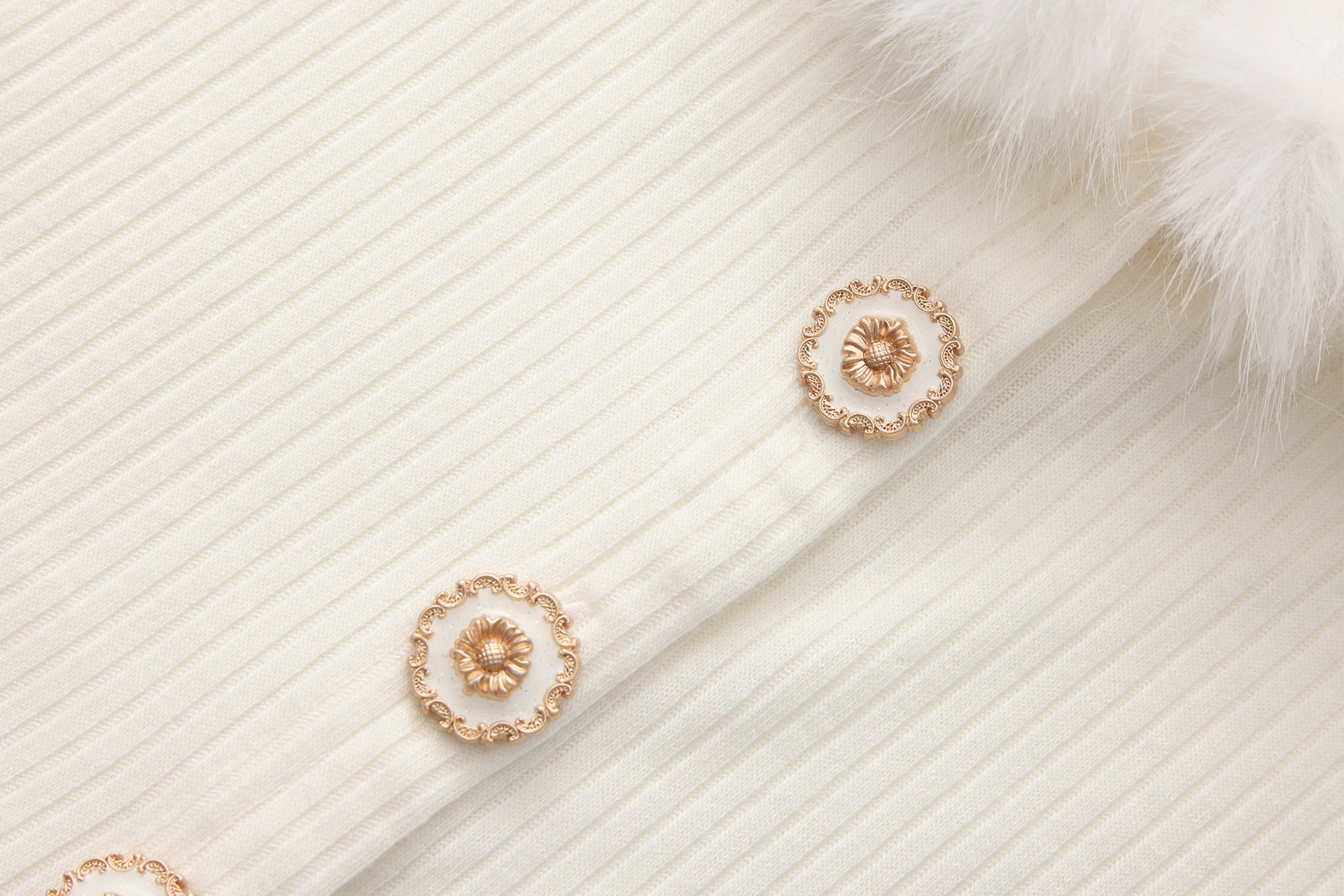 White Spliced Furry Collar Gold Button Cardigan