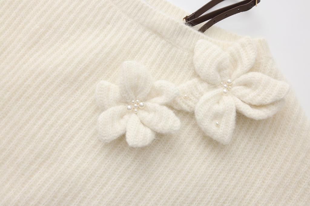 White Off-Shoulder Leather Buckle Iris Pattern Sweater