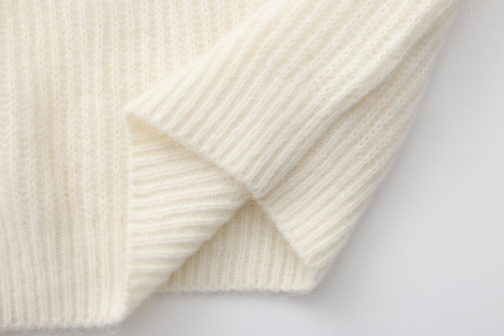 White Off-Shoulder Leather Buckle Iris Pattern Sweater