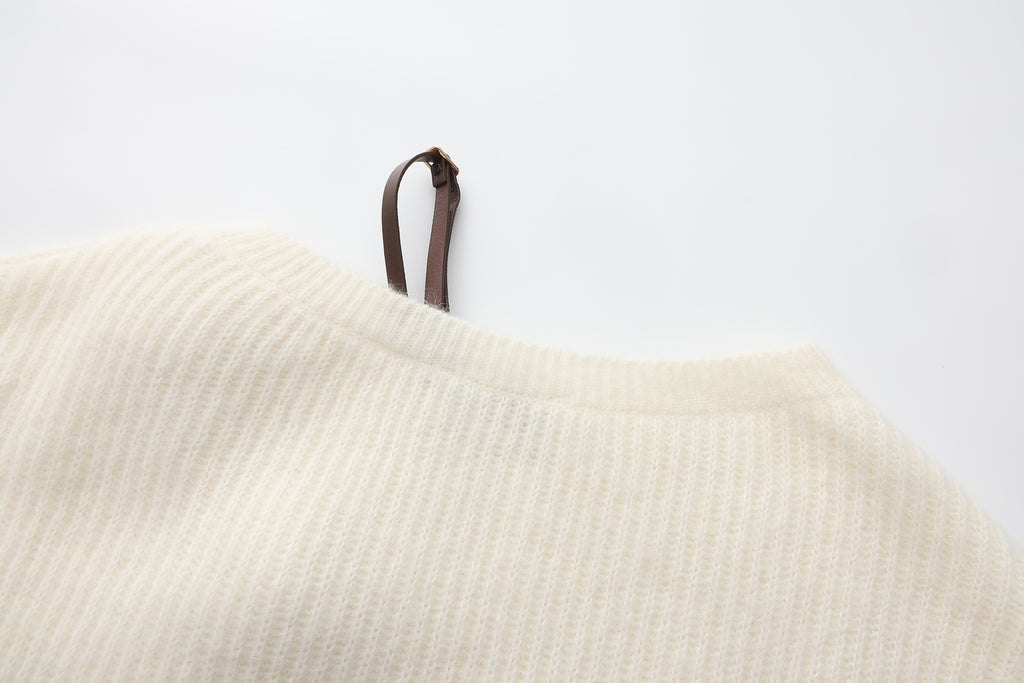 White Off-Shoulder Leather Buckle Iris Pattern Sweater