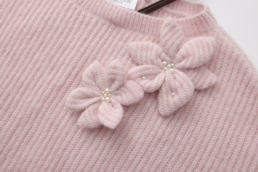 Pink Off-Shoulder Leather Buckle Iris Pattern Sweater