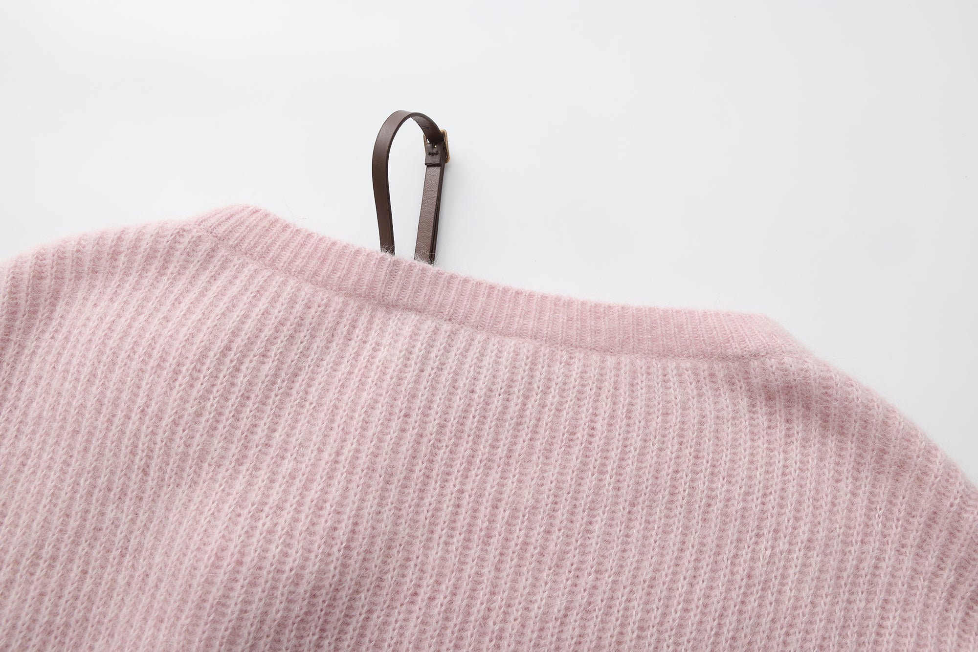 Pink Off-Shoulder Leather Buckle Iris Pattern Sweater