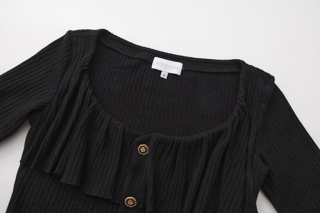 Black Silver Thread U-Neck Lace Trim Knit Cardigan