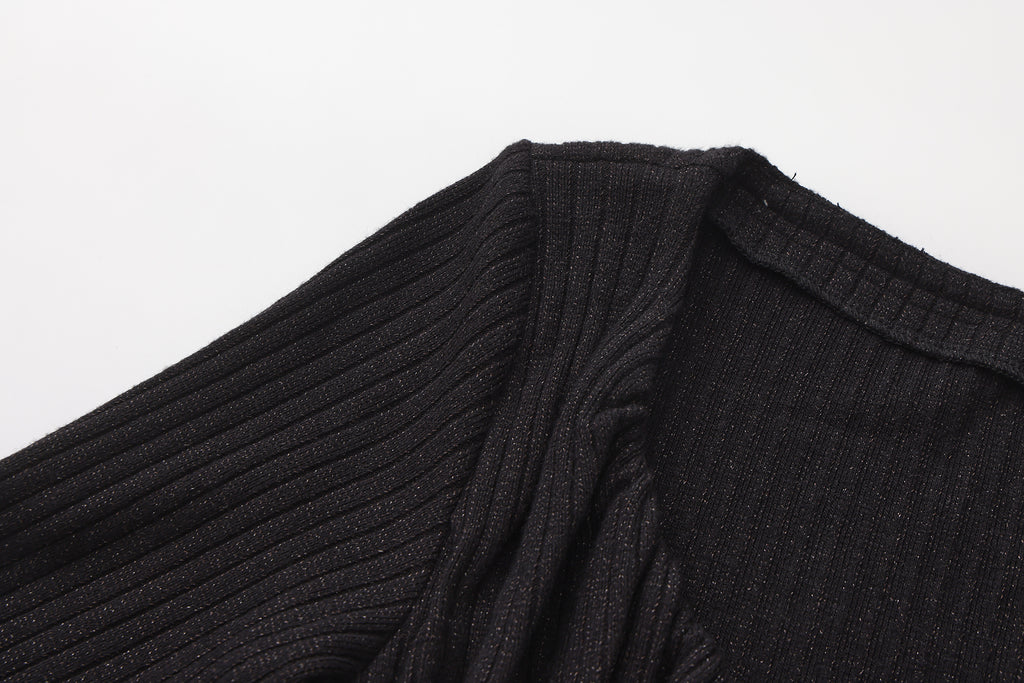 Black Silver Thread U-Neck Lace Trim Knit Cardigan