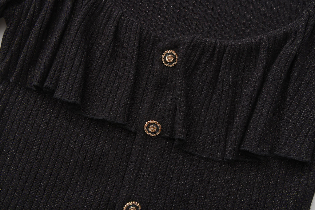 Black Silver Thread U-Neck Lace Trim Knit Cardigan