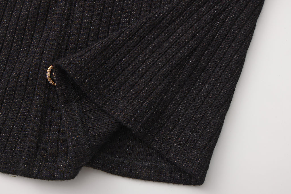 Black Silver Thread U-Neck Lace Trim Knit Cardigan