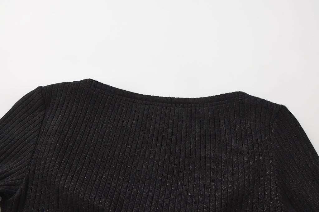Black Silver Thread U-Neck Lace Trim Knit Cardigan