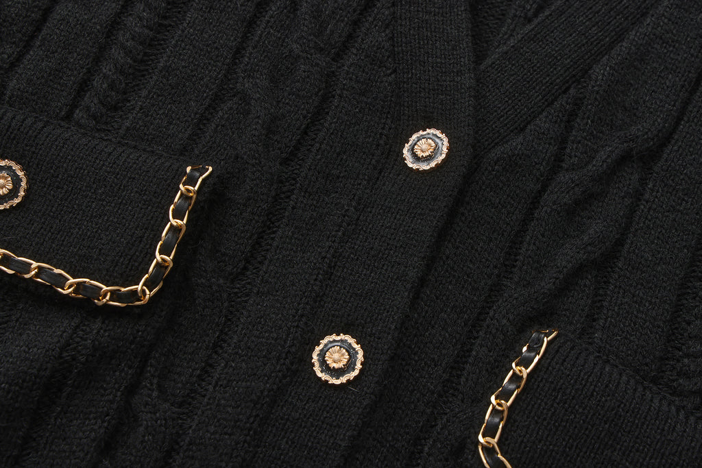 Black Oversized Knit Chain Detail Gold Button Cardigan Coat