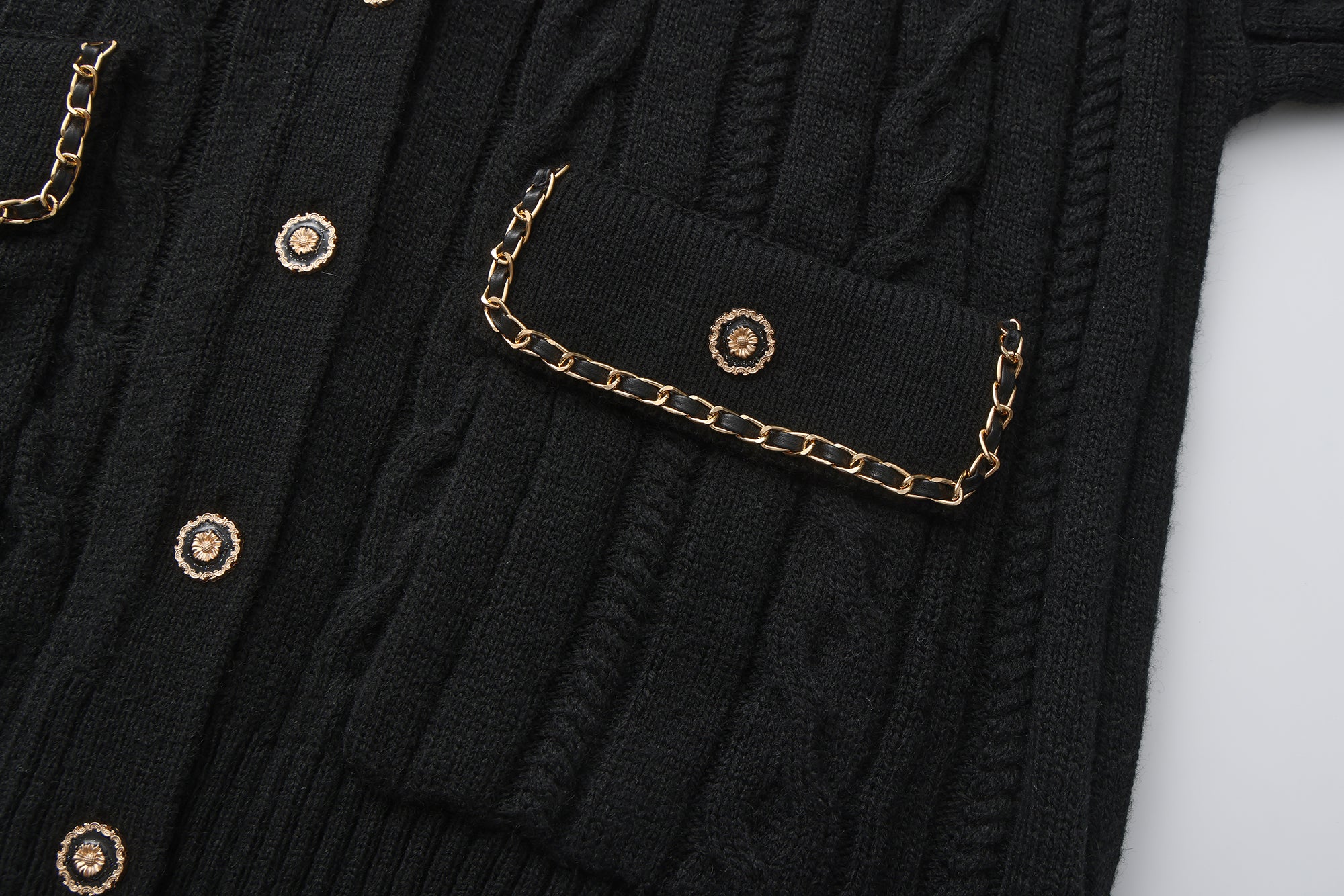 Black Oversized Knit Chain Detail Gold Button Cardigan Coat