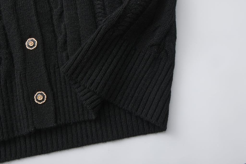 Black Oversized Knit Chain Detail Gold Button Cardigan Coat