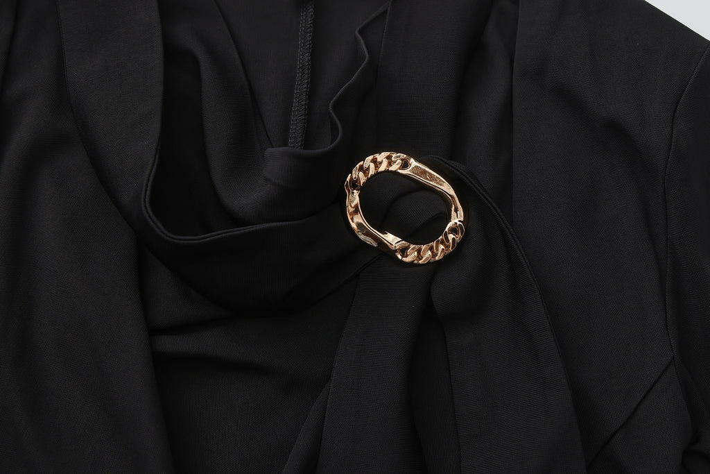 Black Cowl Neck Gold Button Ribbon Blouse