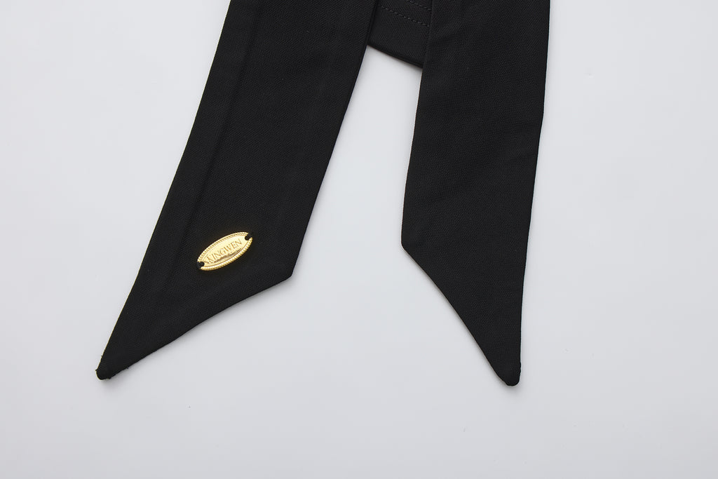 Black Cowl Neck Gold Button Ribbon Blouse