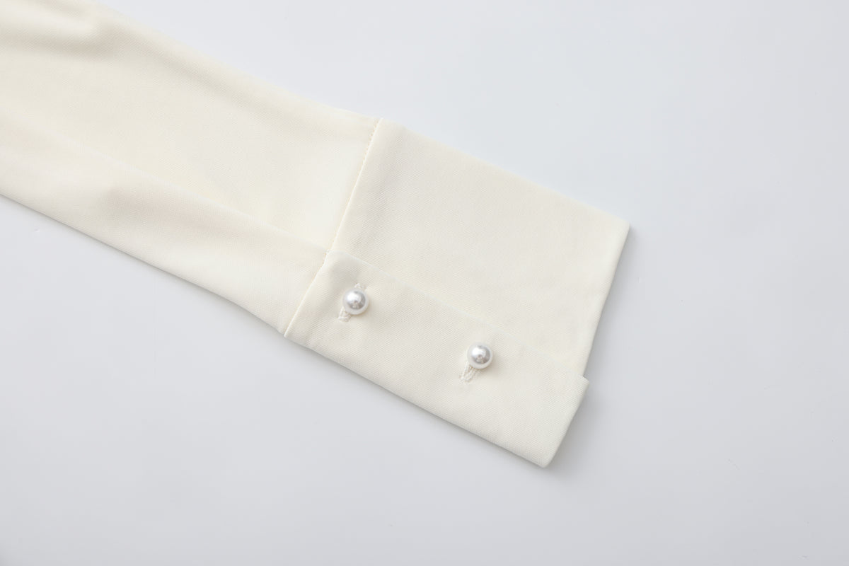 White Cowl Neck Gold Button Ribbon Blouse