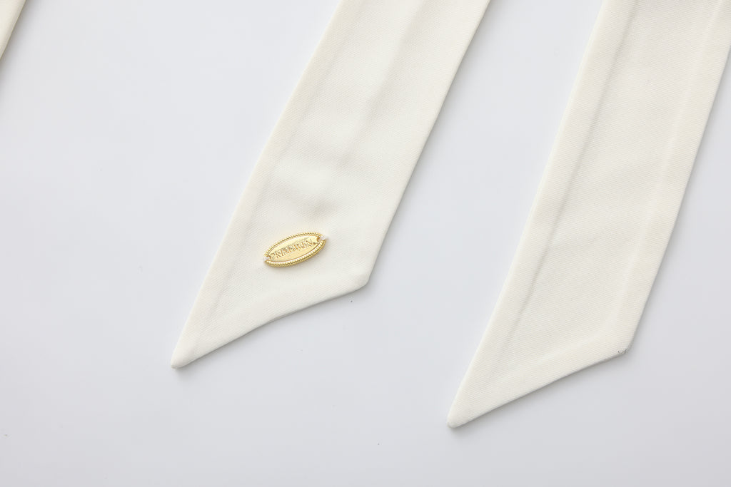 White Cowl Neck Gold Button Ribbon Blouse