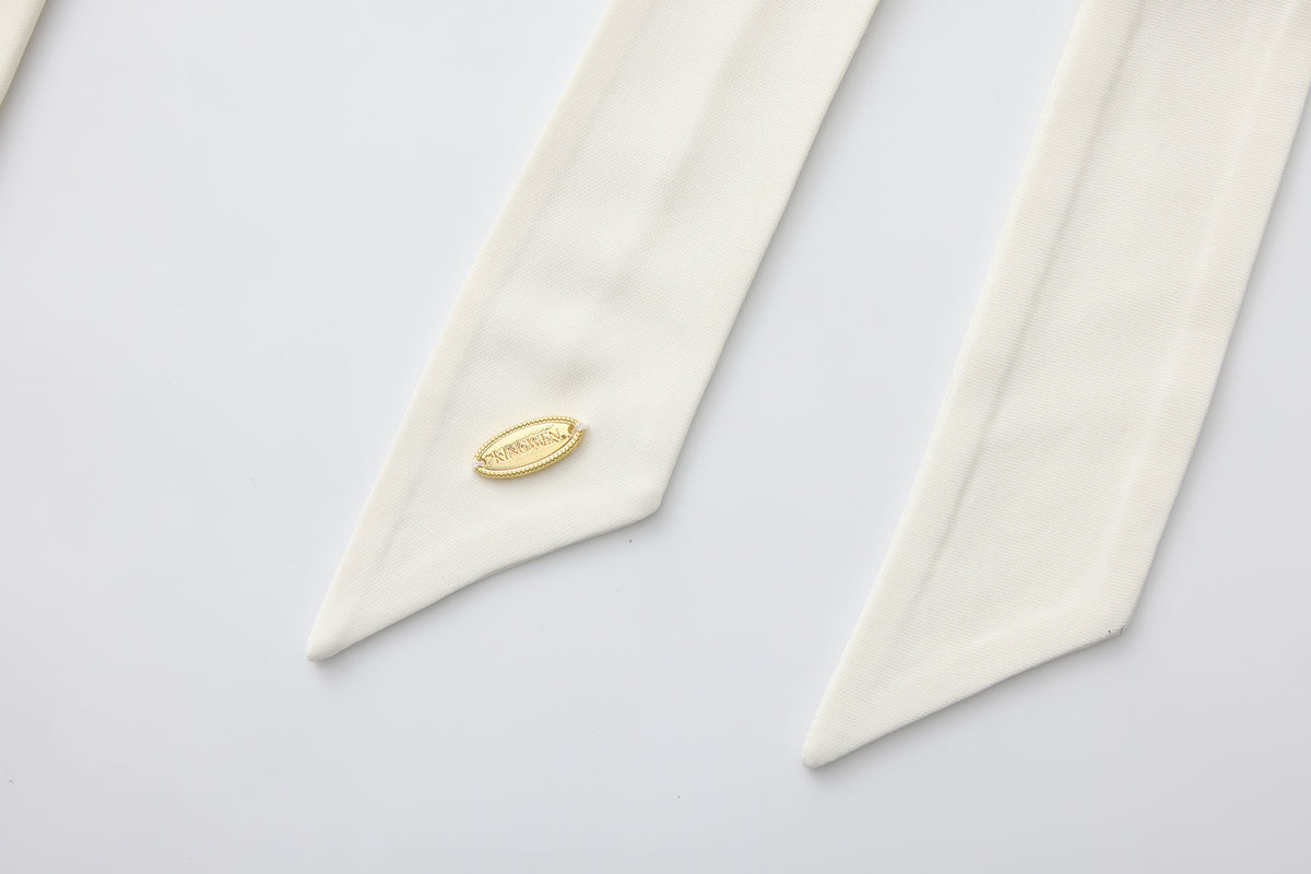 White Cowl Neck Gold Button Ribbon Blouse