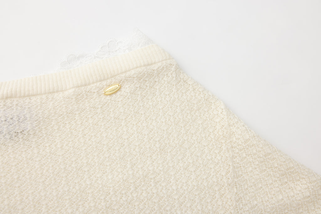 White Lace Panel Shell Knit Cardigan