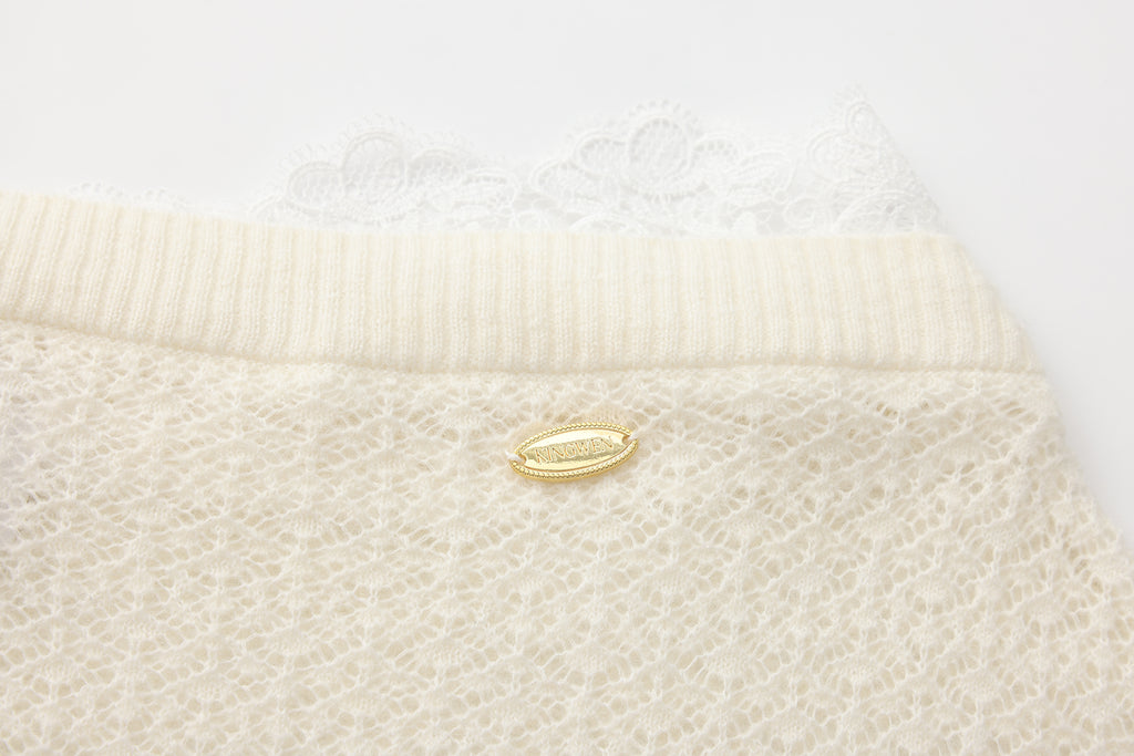 White Lace Panel Shell Knit Cardigan