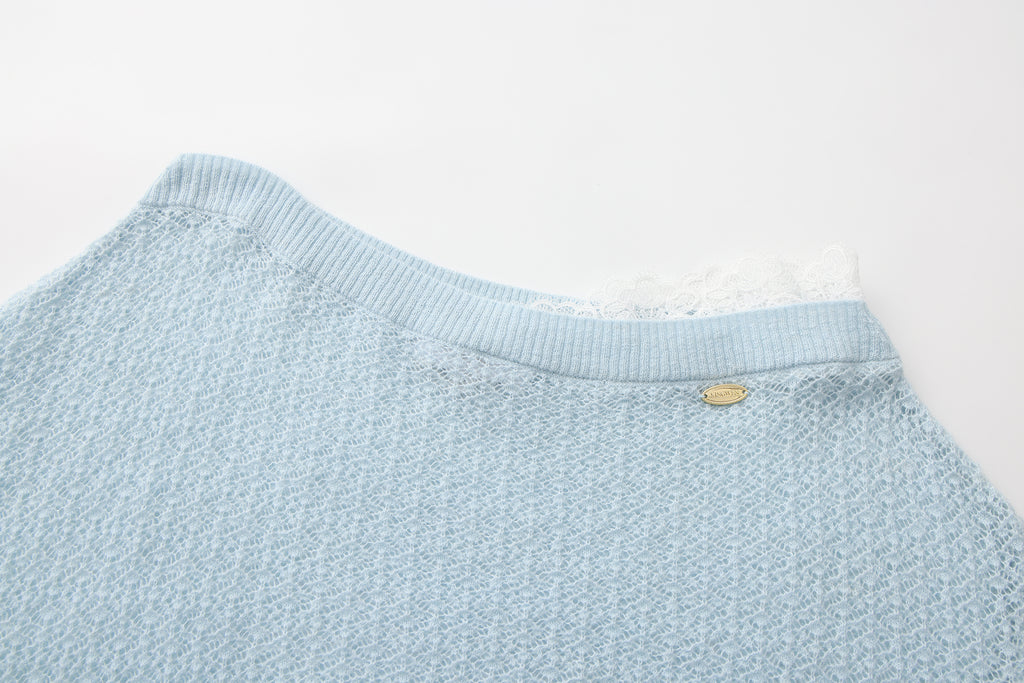 Blue Lace Panel Shell Knit Cardigan