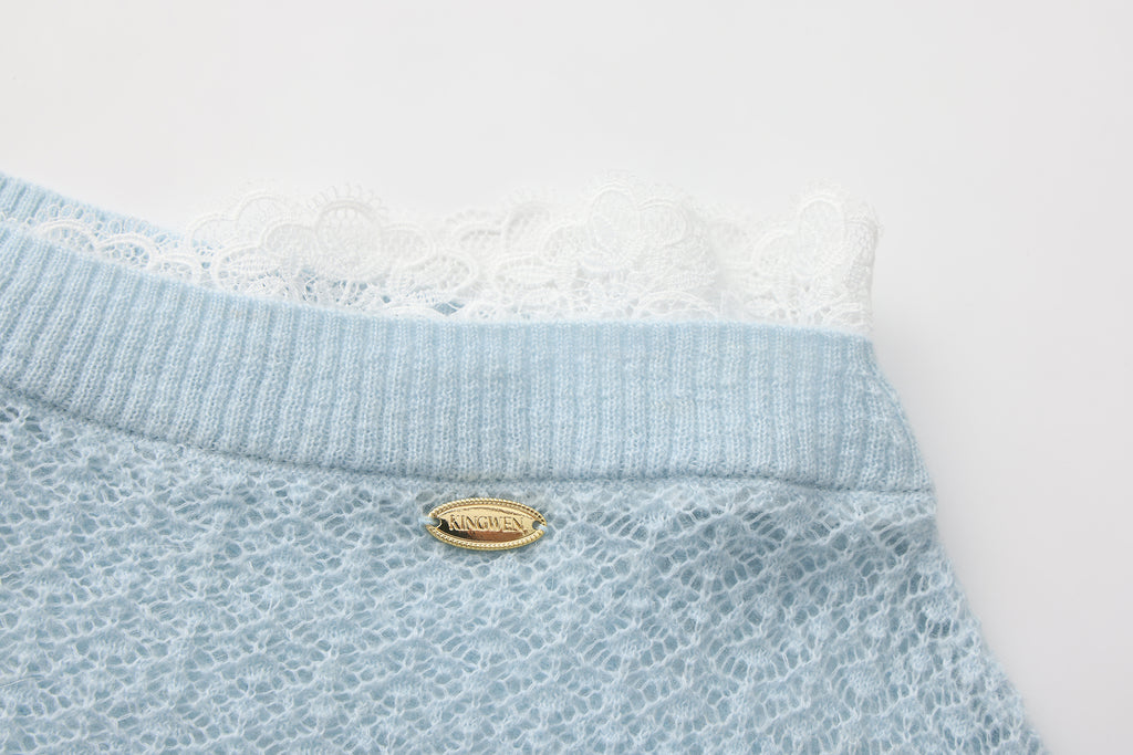 Blue Lace Panel Shell Knit Cardigan