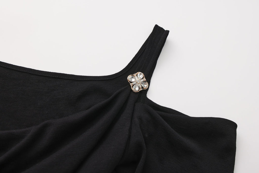 Black Off-The-Shoulder Draped Halter Long-Sleeve Top