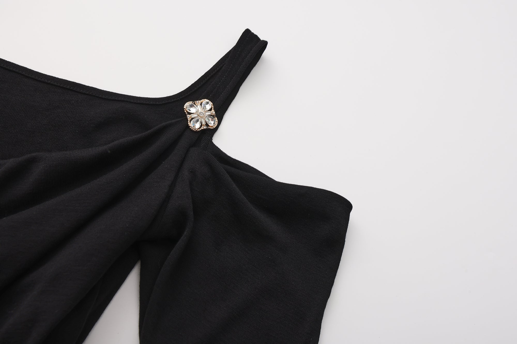 Black Off-The-Shoulder Draped Halter Long-Sleeve Top