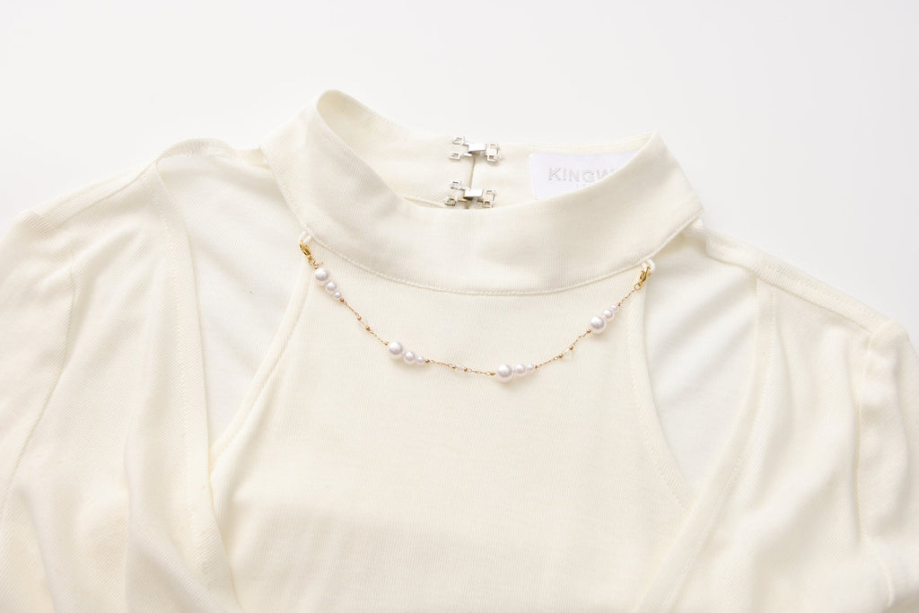 White Beaded Mock-Neck False Two-Piece Top