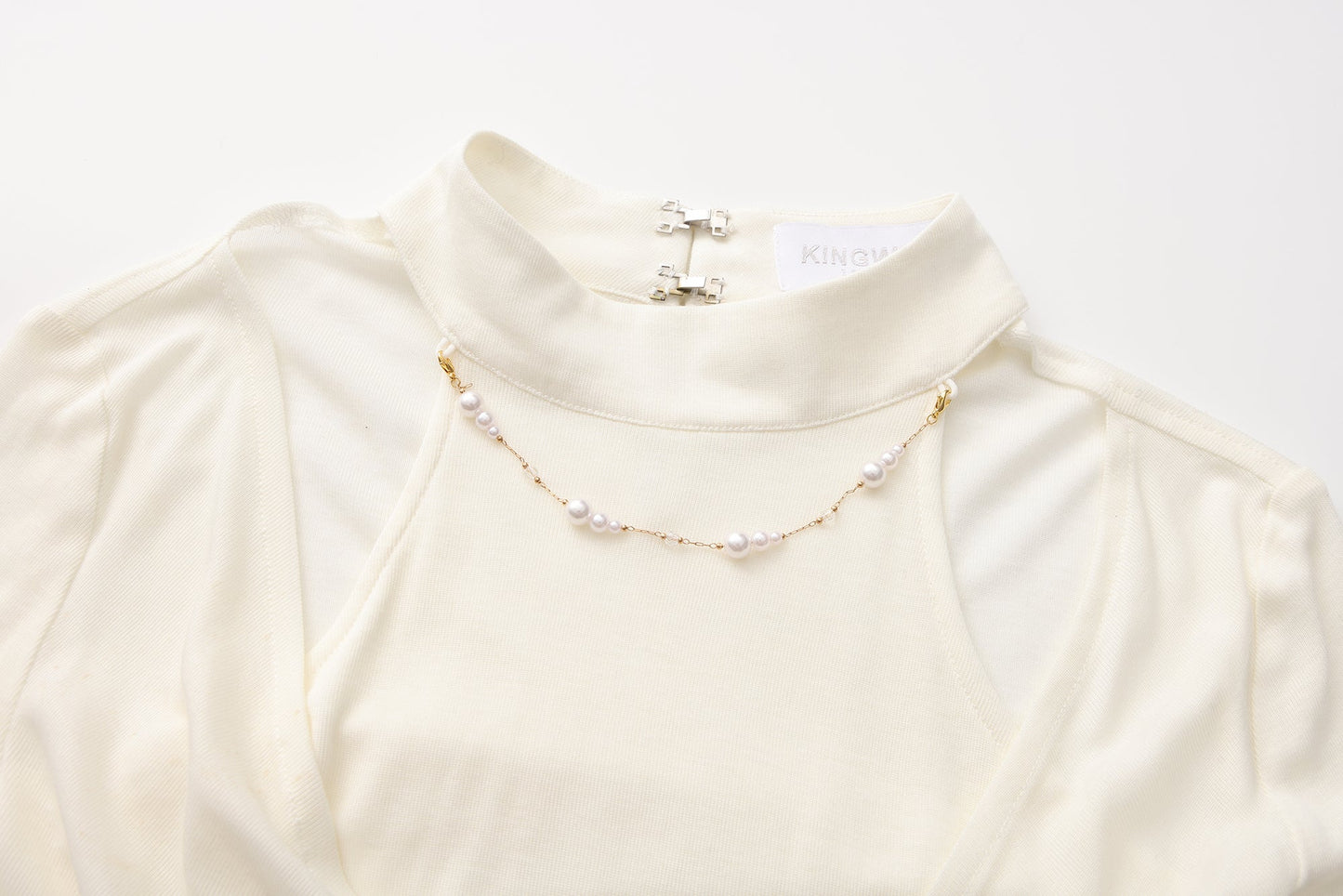 White Beaded Mock-Neck False Two-Piece Top