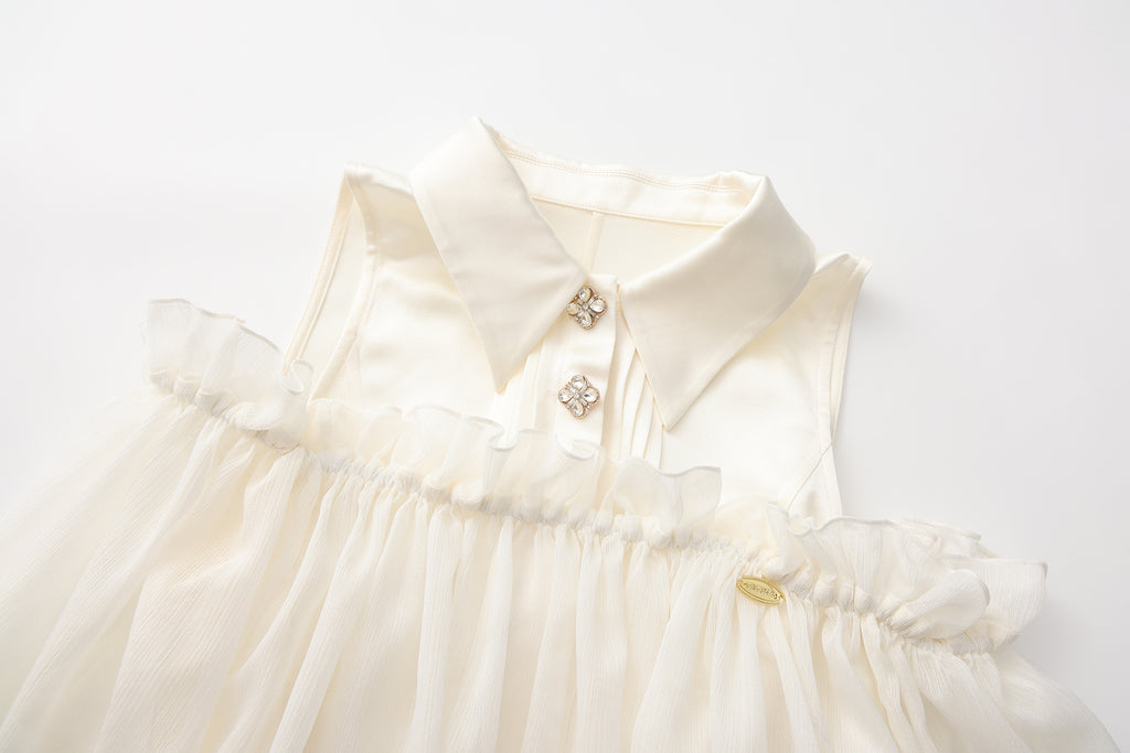 White Off-Shoulder Glitter Mesh Twin Set Top