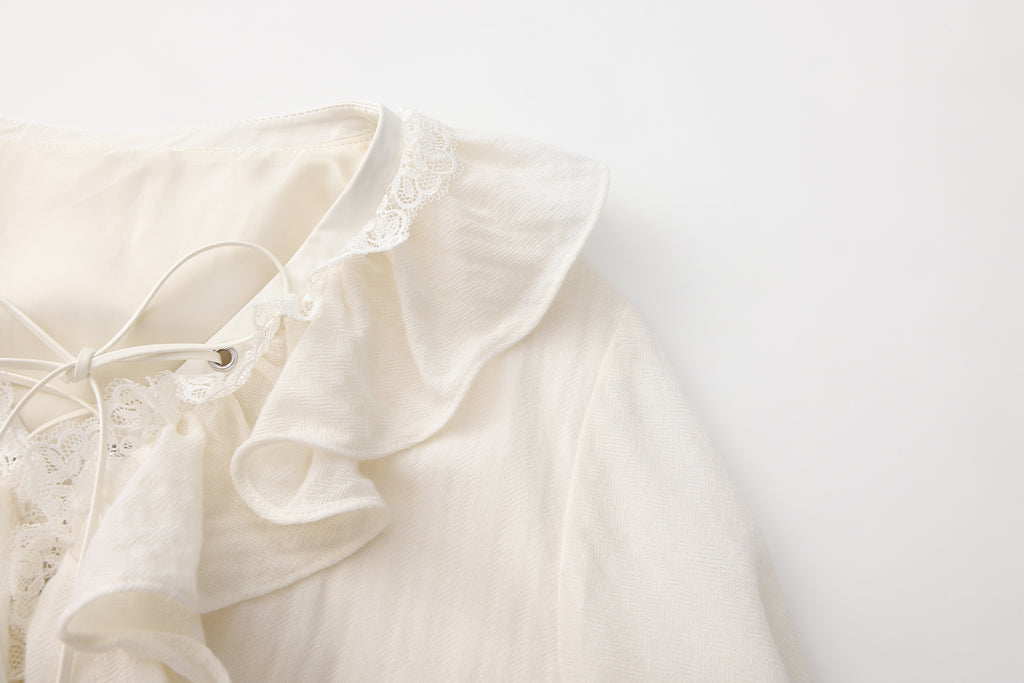 White V-Neck Lace Ruffle Panel Tie Dress