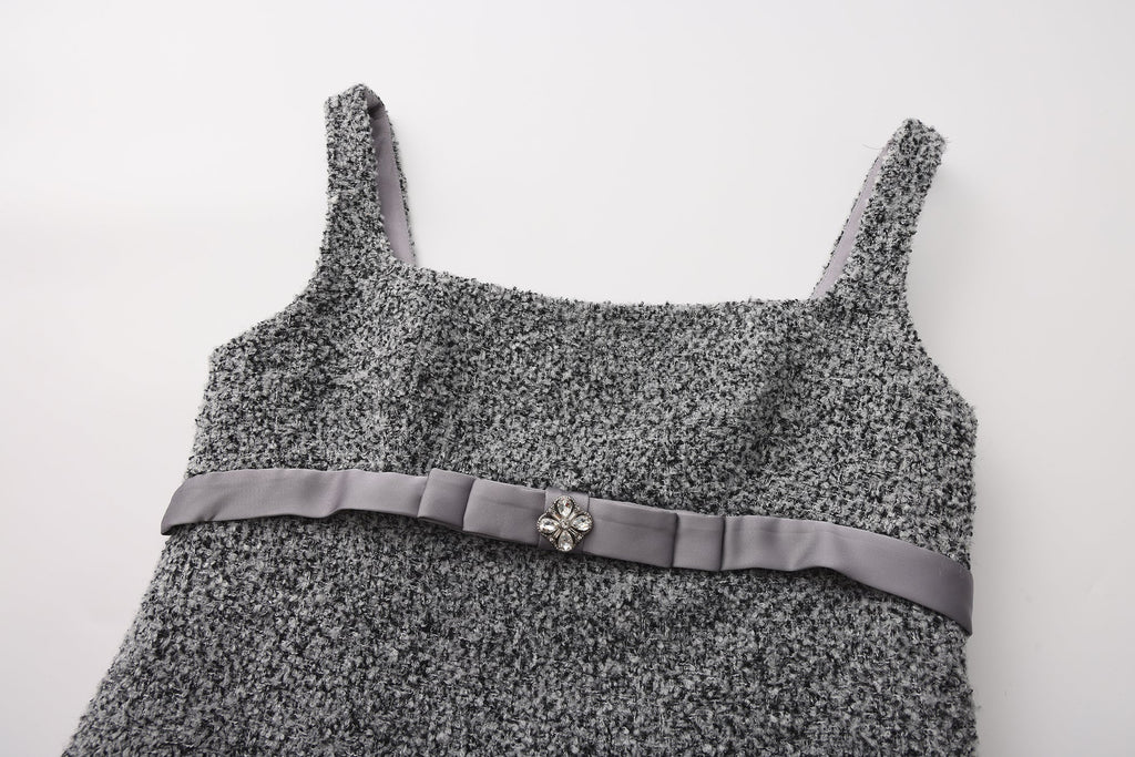 Gray Square-Necked Bow Woolen Dress