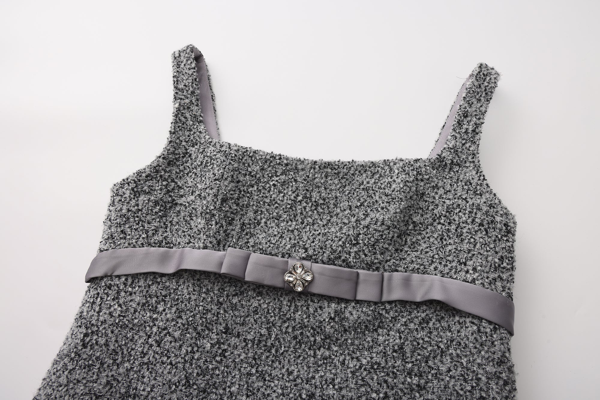 Gray Square-Necked Bow Woolen Dress