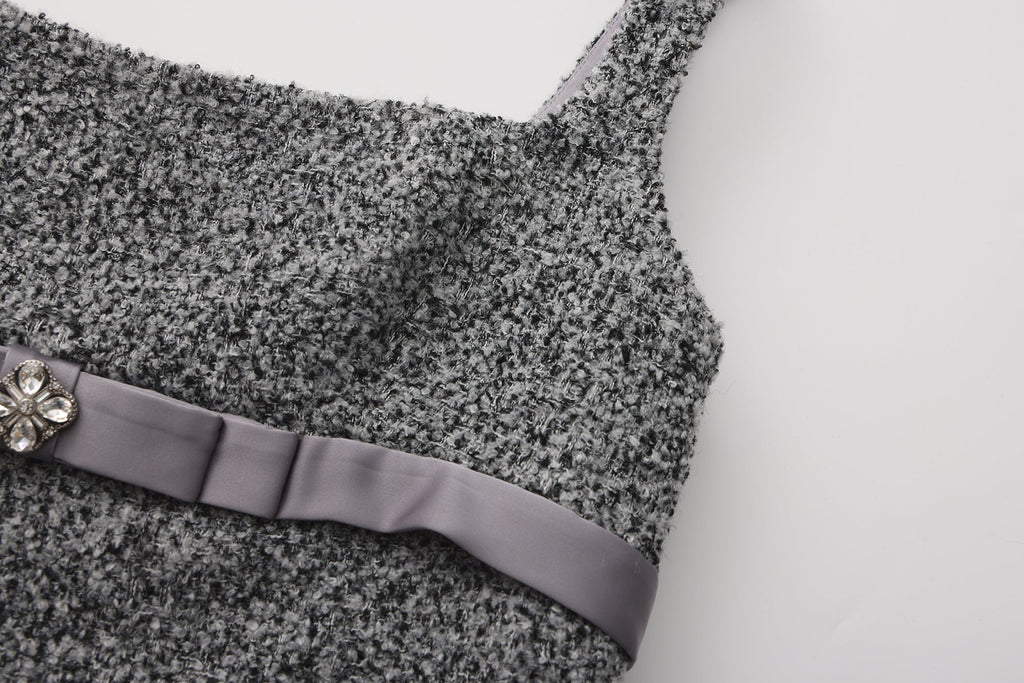 Gray Square-Necked Bow Woolen Dress