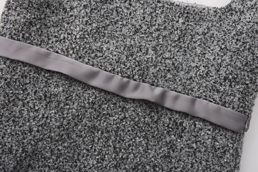 Gray Square-Necked Bow Woolen Dress