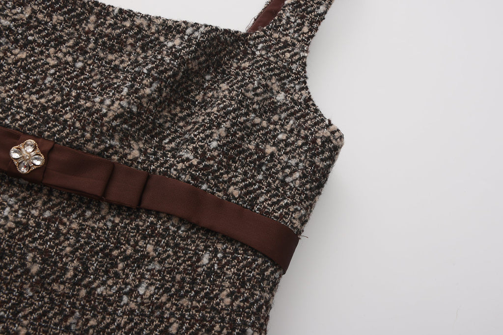 Brown Square-Necked Bow Tweed Dress